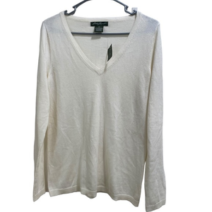 Eddie Bauer Womens V-Neck Cotton Sweater Dream/Porcelain NWT size Small‎